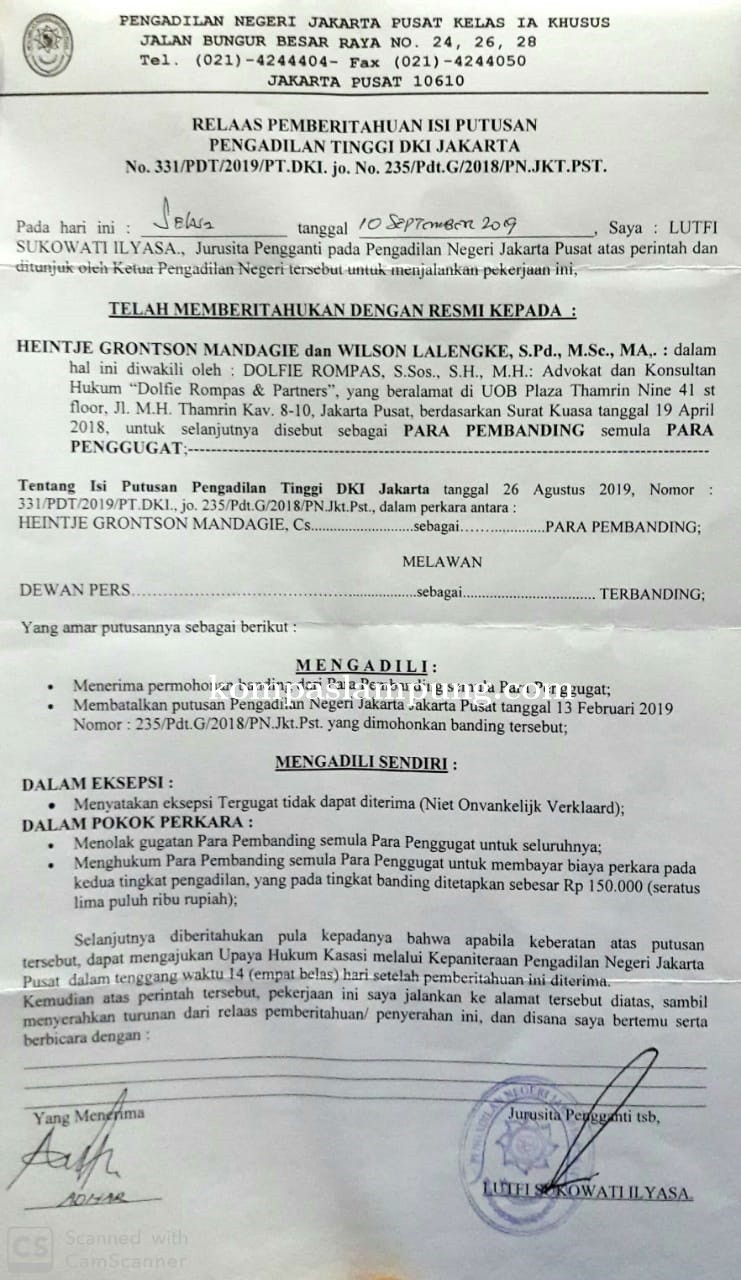 Eksepsi Ditolak Dewan Pers Harus Patuhi Hukum