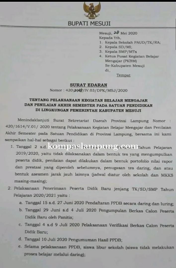 Pembagian Rapor Akhir Semester Yang Akan Mendatang Di Mesuji Dilakukan Secara Daring